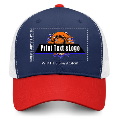Custom Navy Blue Red Color-Block Snapback Cap with White Mesh Logo Printing Hats