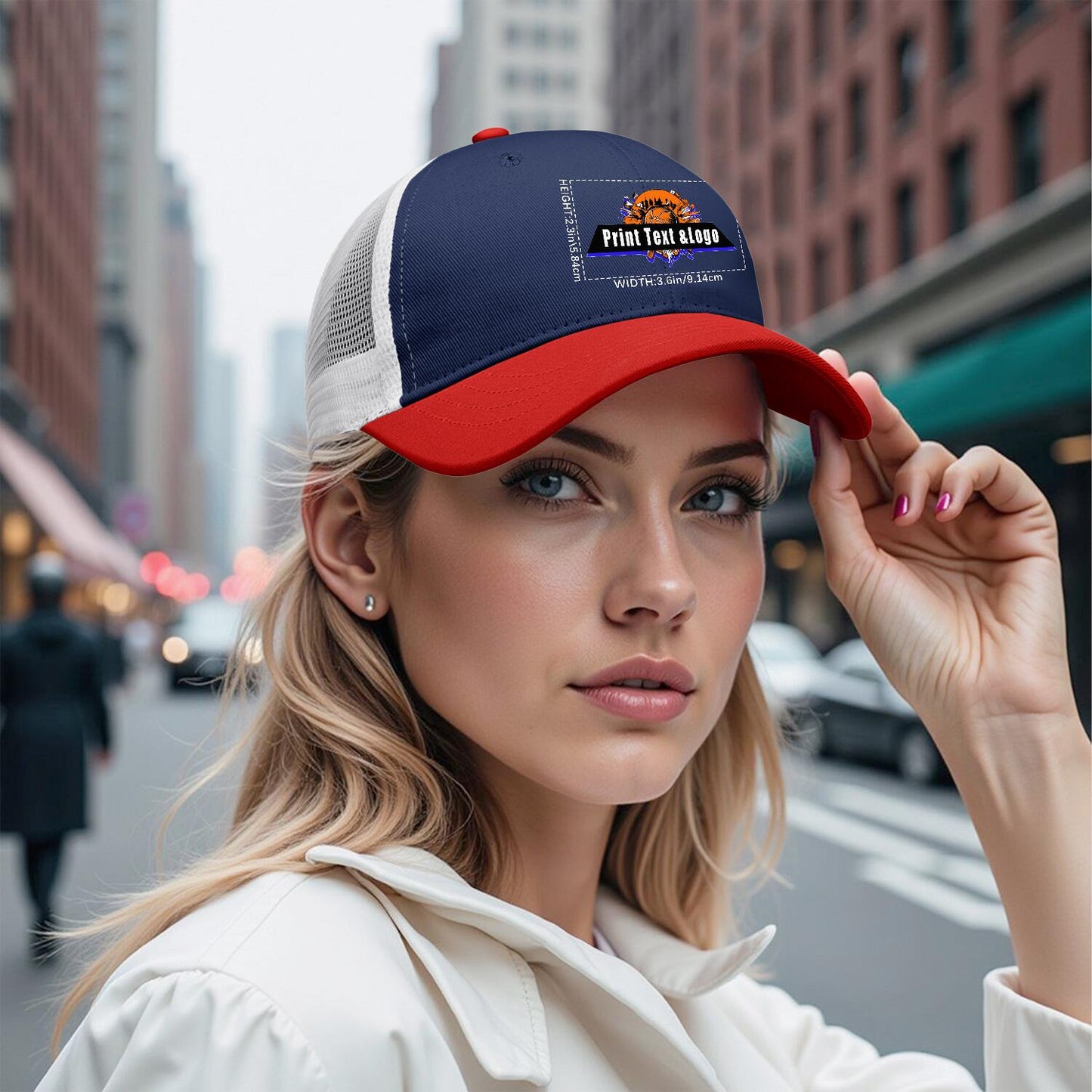 Custom Navy Blue Red Color-Block Snapback Cap with White Mesh Logo Printing Hats
