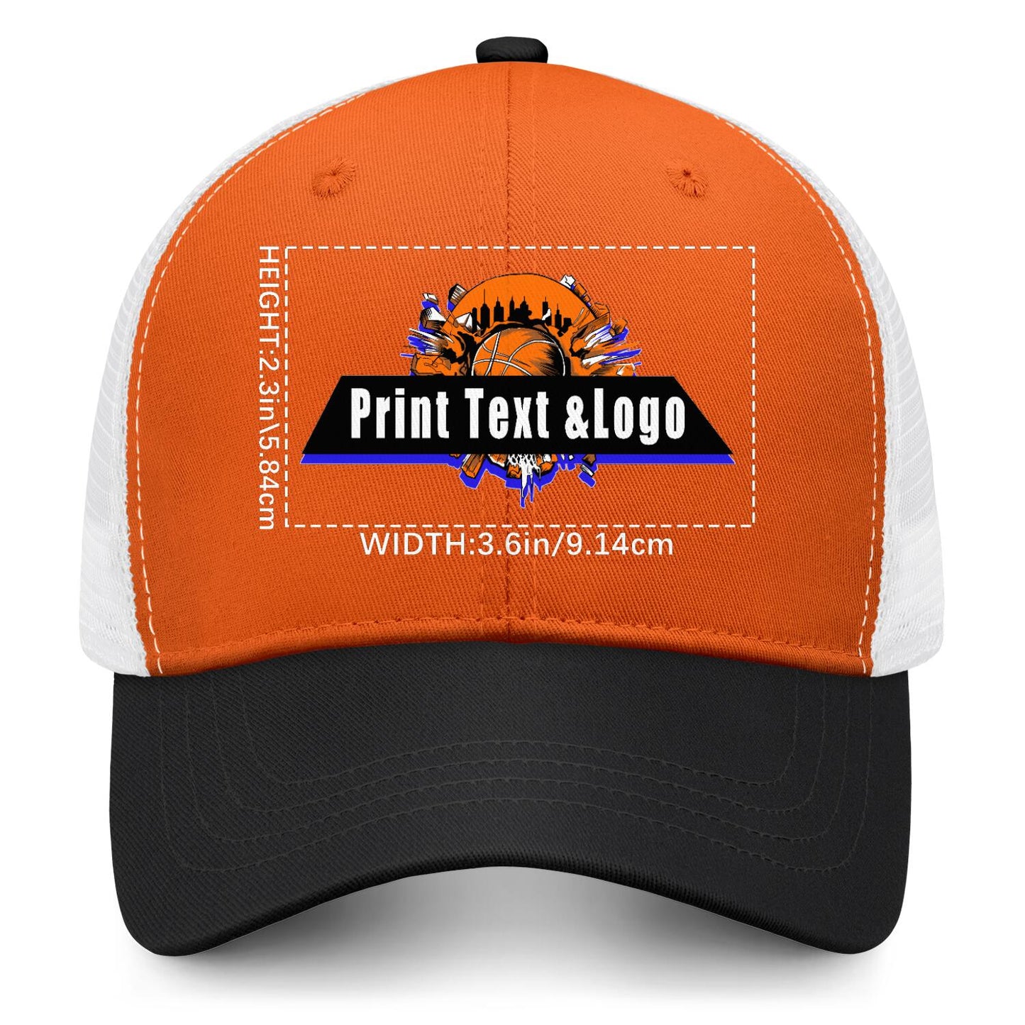 Custom Orange Black Color-Block Snapback Cap with White Mesh Logo Printing Hats