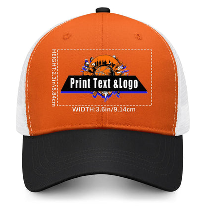 Custom Orange Black Color-Block Snapback Cap with White Mesh Logo Printing Hats