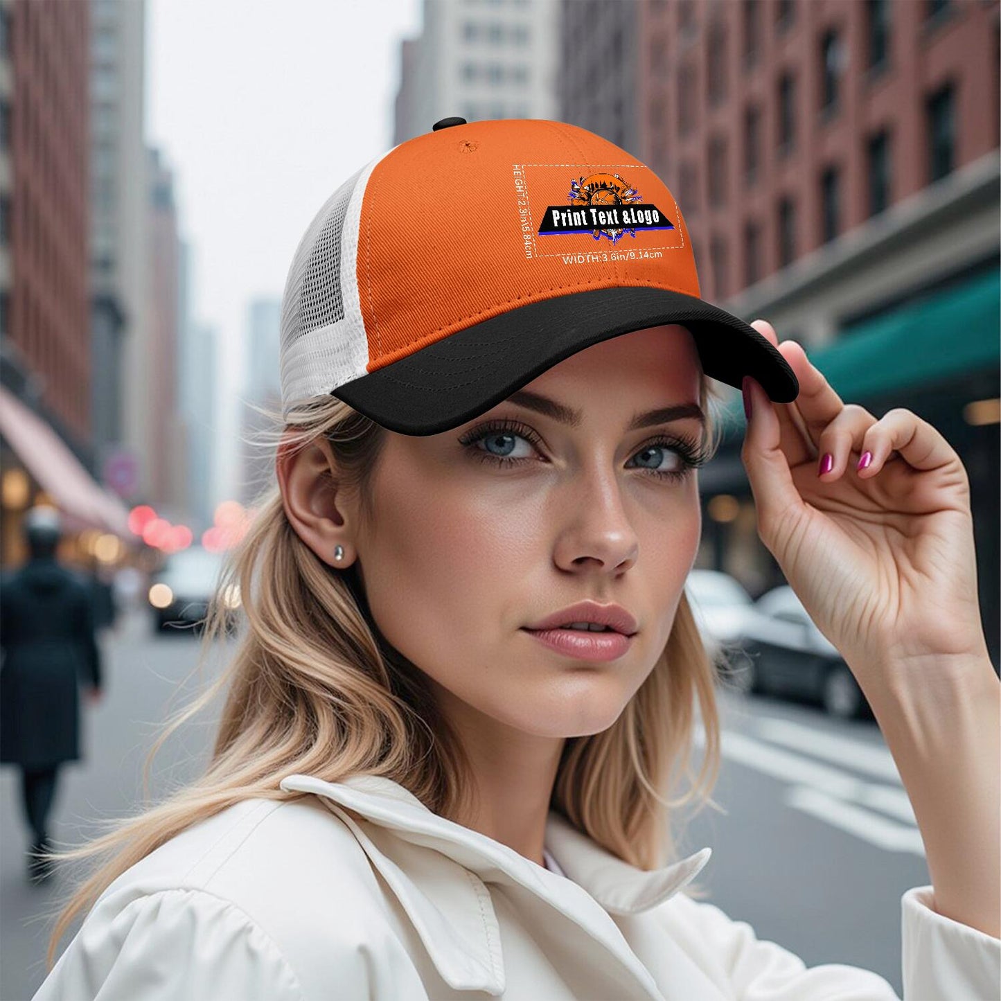 Custom Orange Black Color-Block Snapback Cap with White Mesh Logo Printing Hats