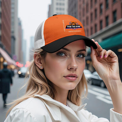 Custom Orange Black Color-Block Snapback Cap with White Mesh Logo Printing Hats