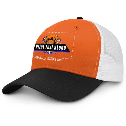 Custom Orange Black Color-Block Snapback Cap with White Mesh Logo Printing Hats
