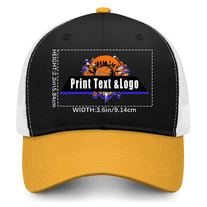 Custom Black Yellow Color-Block Snapback Cap with White Mesh Logo Printing Hats