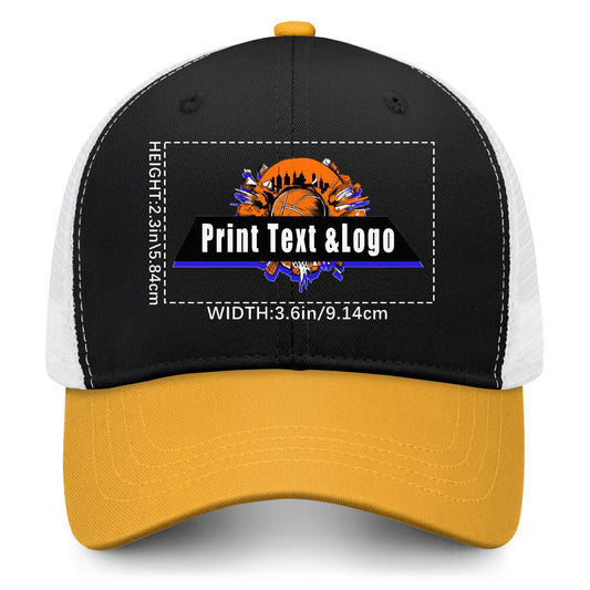 Custom Black Yellow Color-Block Snapback Cap with White Mesh Logo Printing Hats