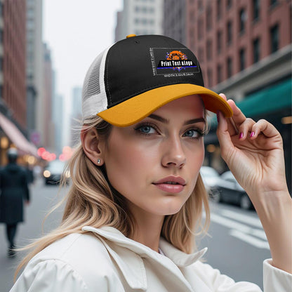 Custom Black Yellow Color-Block Snapback Cap with White Mesh Logo Printing Hats