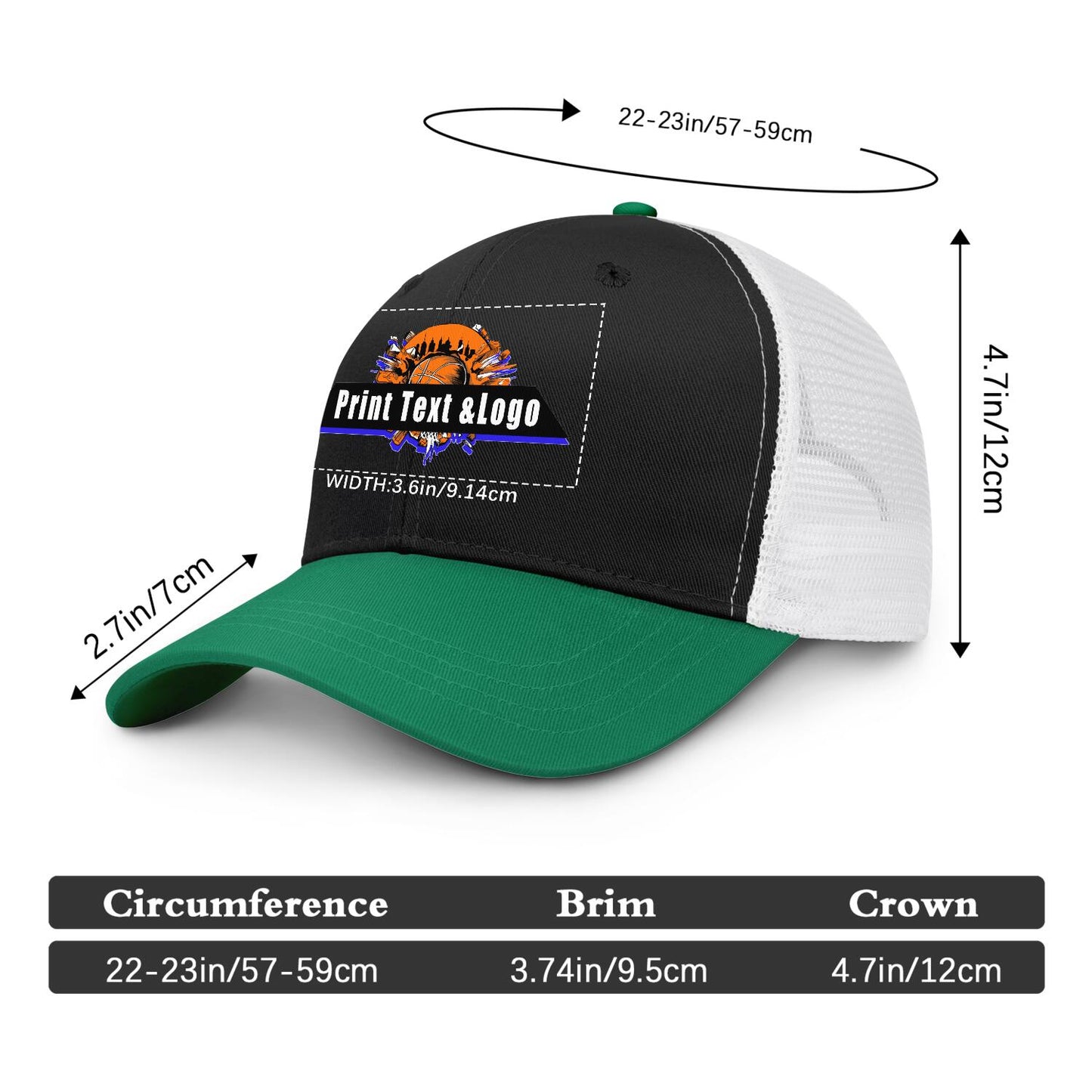 Custom Black Green Color-Block Snapback Cap with White Mesh Logo Printing Hats