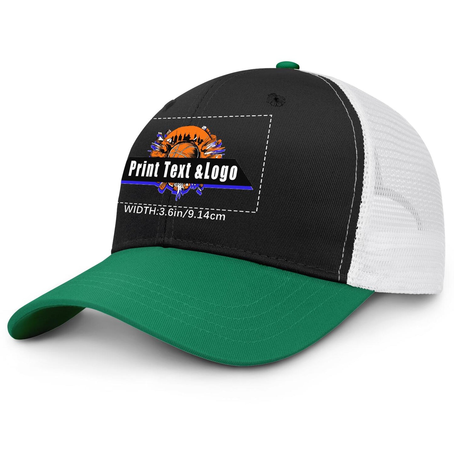 Custom Black Green Color-Block Snapback Cap with White Mesh Logo Printing Hats