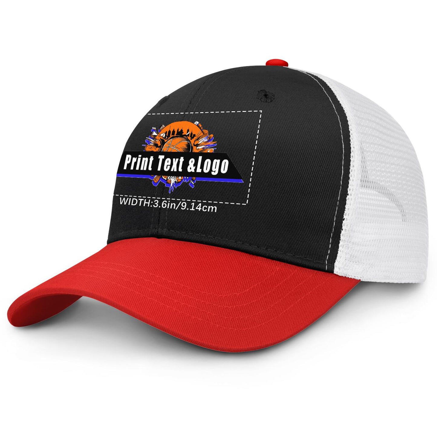 Custom Black Red Color-Block Snapback Cap with White Mesh Logo Printing Hats