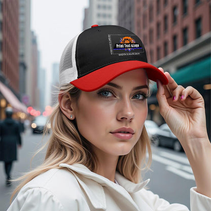 Custom Black Red Color-Block Snapback Cap with White Mesh Logo Printing Hats
