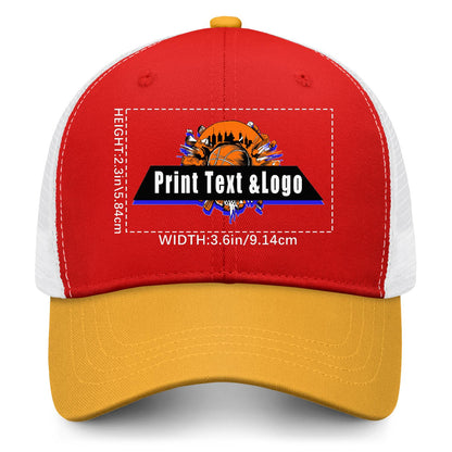Custom Red Yellow Color-Block Snapback Cap with White Mesh Logo Printing Hats