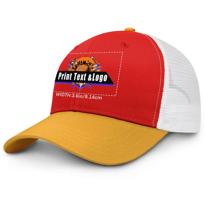 Custom Red Yellow Color-Block Snapback Cap with White Mesh Logo Printing Hats