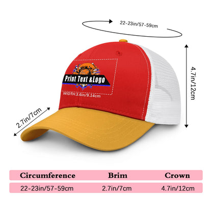 Custom Red Yellow Color-Block Snapback Cap with White Mesh Logo Printing Hats