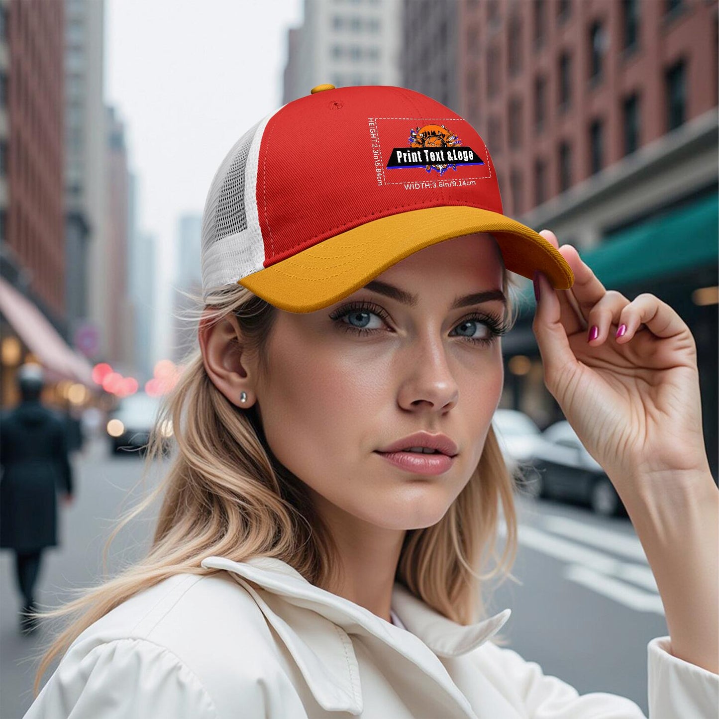 Custom Red Yellow Color-Block Snapback Cap with White Mesh Logo Printing Hats