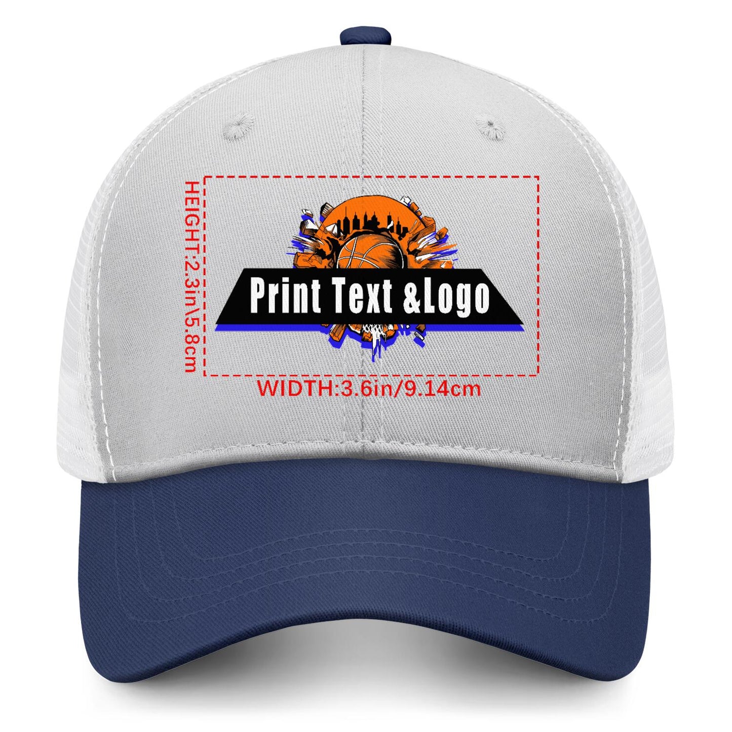 Custom Gray Navy Blue Color-Block Snapback Cap with White Mesh Logo Printing Hats