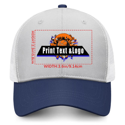Custom Gray Navy Blue Color-Block Snapback Cap with White Mesh Logo Printing Hats