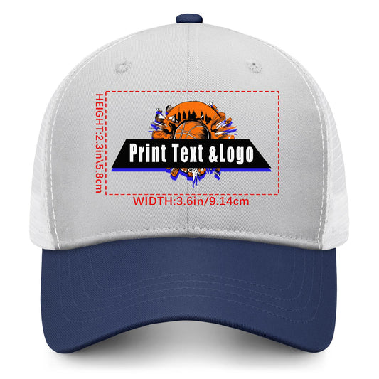 Custom Gray Navy Blue Color-Block Snapback Cap with White Mesh Logo Printing Hats