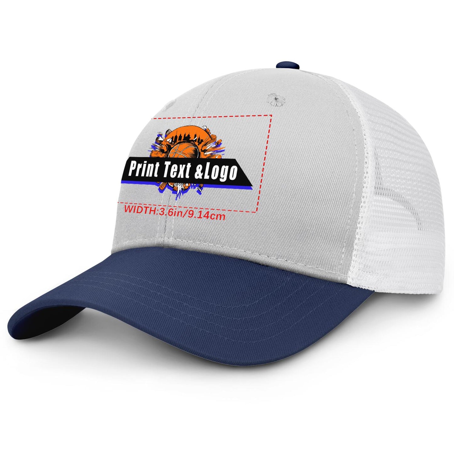 Custom Gray Navy Blue Color-Block Snapback Cap with White Mesh Logo Printing Hats