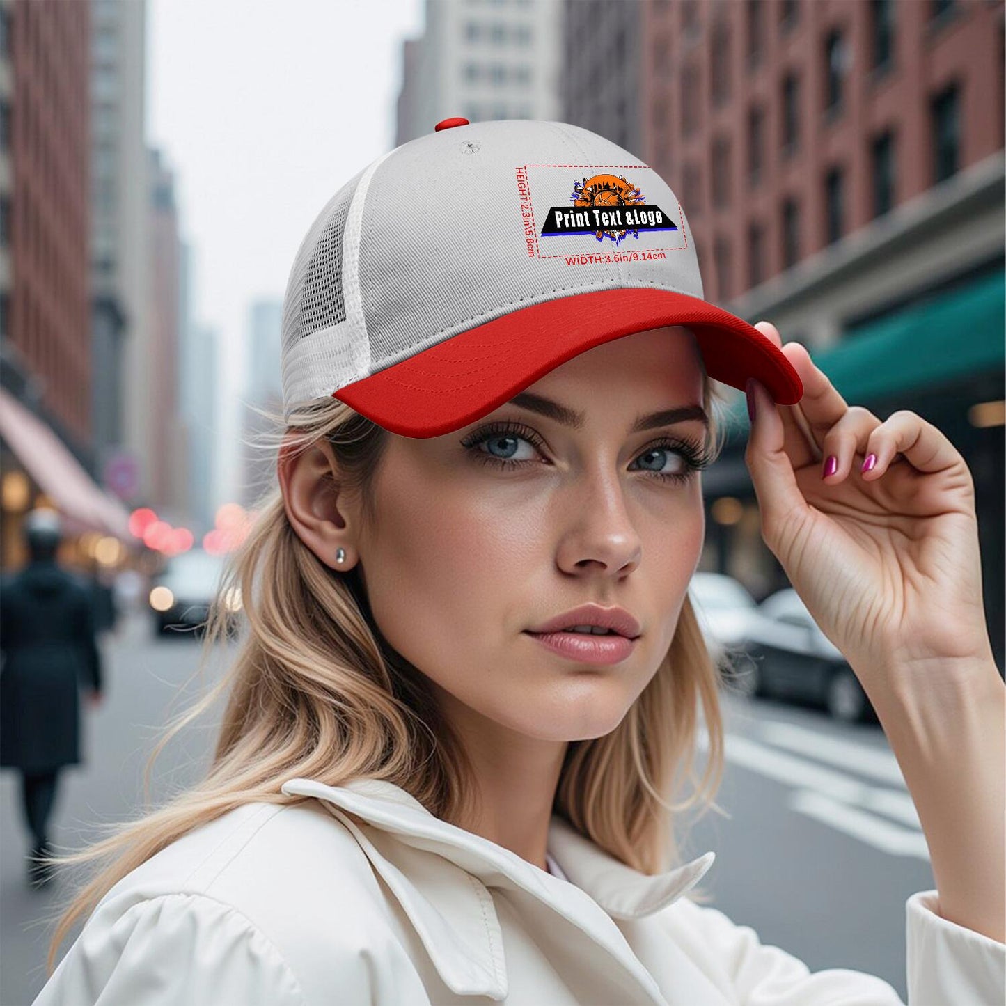 Custom Grey Red Color-Block Snapback Cap with White Mesh Logo Printing Hats