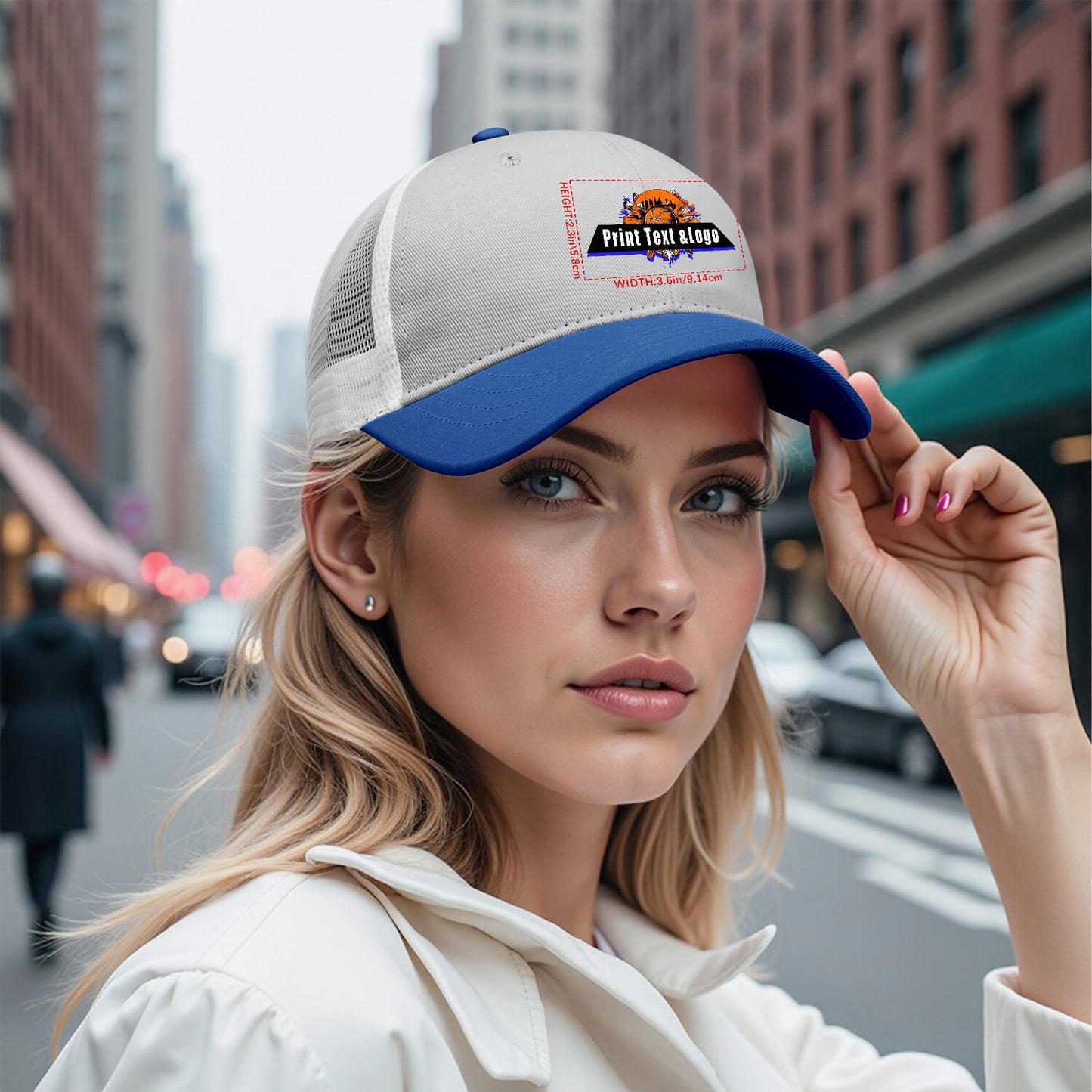Custom Cameosa Blue Color-Block Snapback Cap with White Mesh Logo Printing Hats