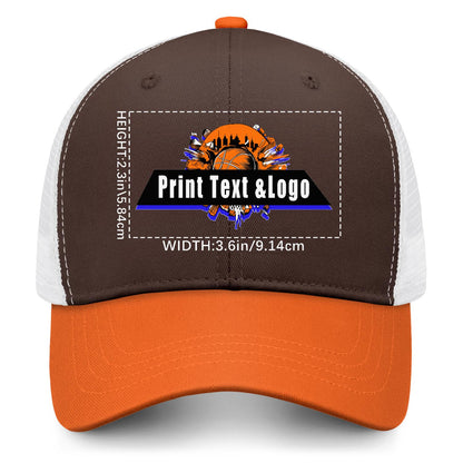 Custom Brown Orange Color-Block Snapback Cap with White Mesh Logo Printing Hats