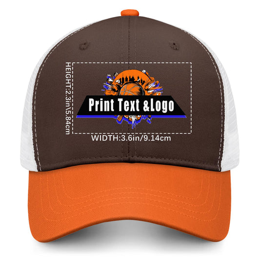 Custom Brown Orange Color-Block Snapback Cap with White Mesh Logo Printing Hats