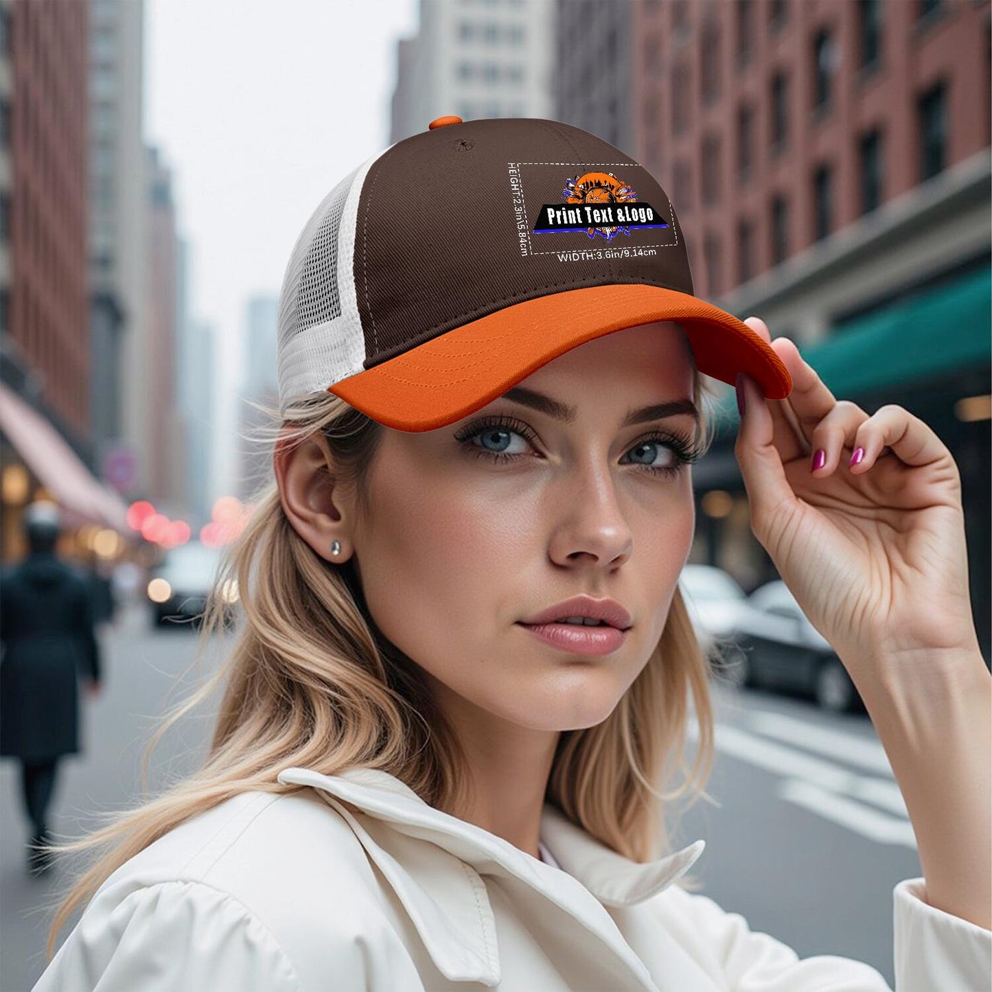 Custom Brown Orange Color-Block Snapback Cap with White Mesh Logo Printing Hats