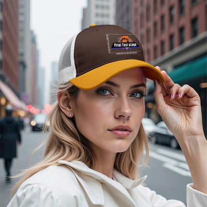 Custom Brown Yellow Color-Block Snapback Cap with White Mesh Logo Printing Hats