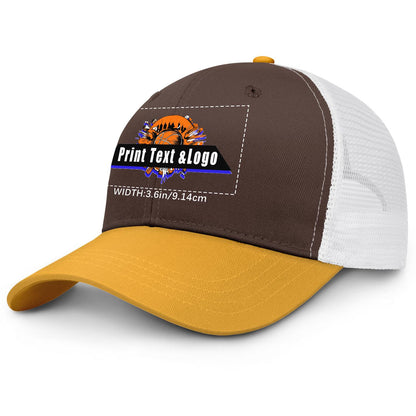 Custom Brown Yellow Color-Block Snapback Cap with White Mesh Logo Printing Hats