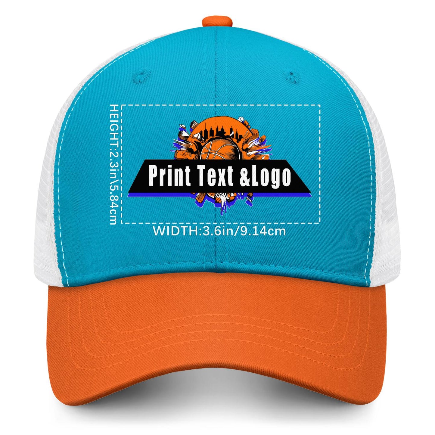 Custom Aquamarine Orange Color-Block Snapback Cap with White Mesh Logo Printing Hats