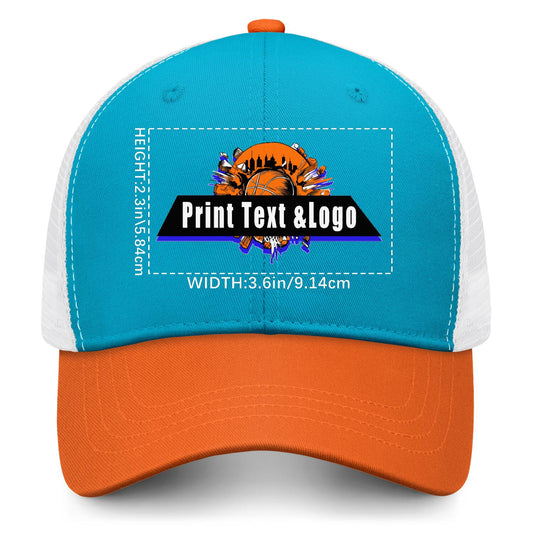 Custom Aquamarine Orange Color-Block Snapback Cap with White Mesh Logo Printing Hats