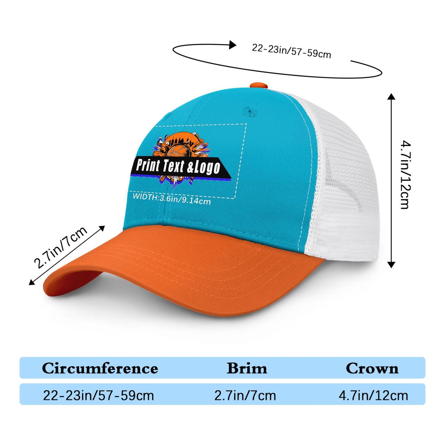 Custom Aquamarine Orange Color-Block Snapback Cap with White Mesh Logo Printing Hats
