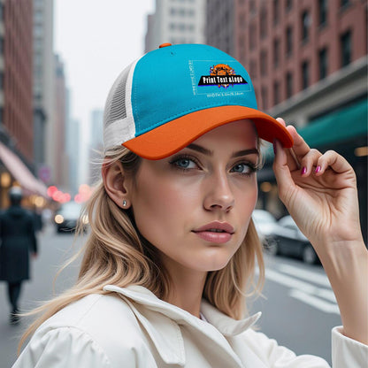 Custom Aquamarine Orange Color-Block Snapback Cap with White Mesh Logo Printing Hats