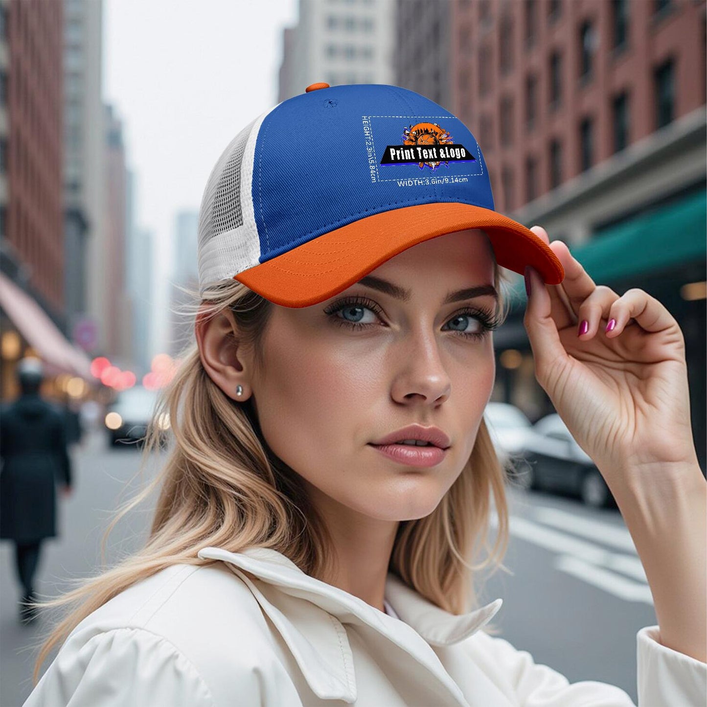 Custom Aquamarine Orange Color-Block Snapback Cap with White Mesh Logo Printing Hats