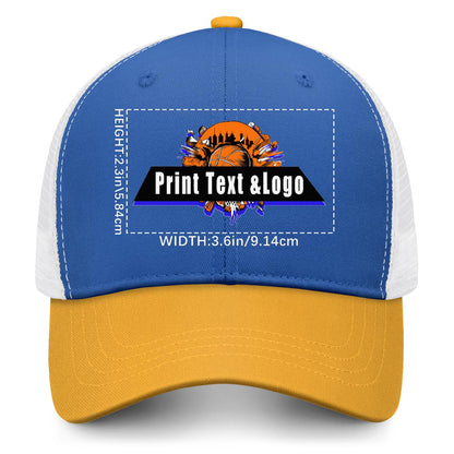 Custom Blue Yellow Color-Block Snapback Cap with White Mesh Logo Printing Hats