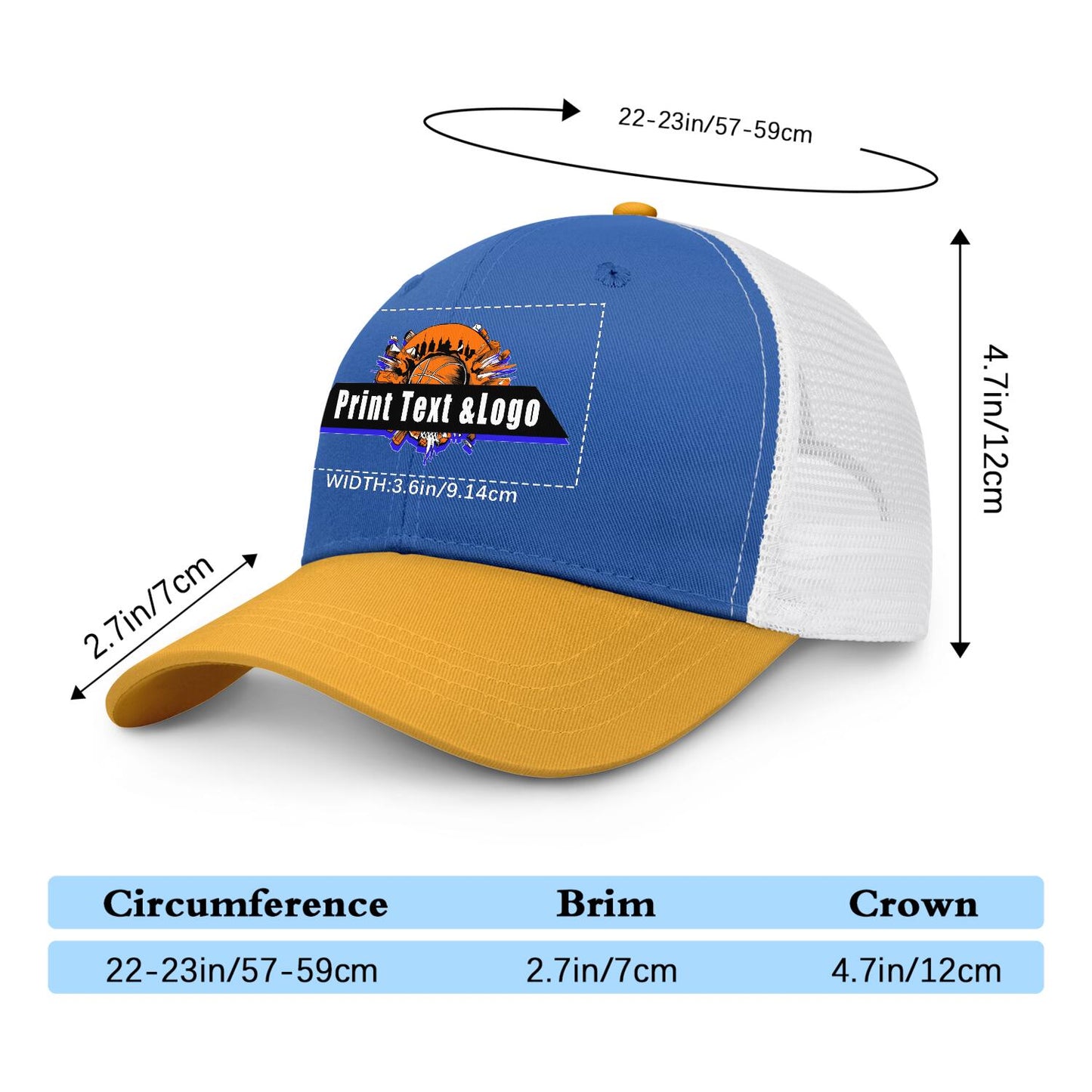 Custom Blue Yellow Color-Block Snapback Cap with White Mesh Logo Printing Hats