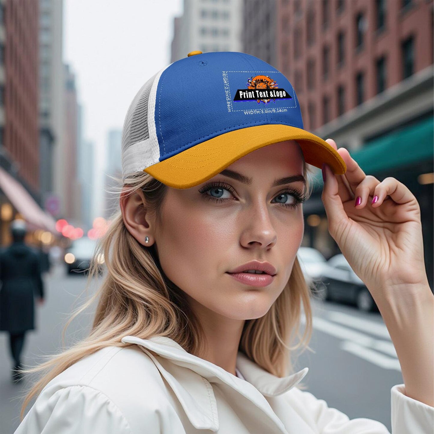 Custom Blue Yellow Color-Block Snapback Cap with White Mesh Logo Printing Hats