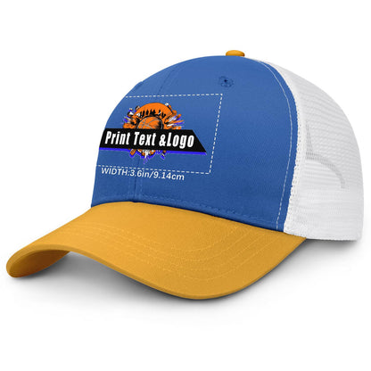 Custom Blue Yellow Color-Block Snapback Cap with White Mesh Logo Printing Hats