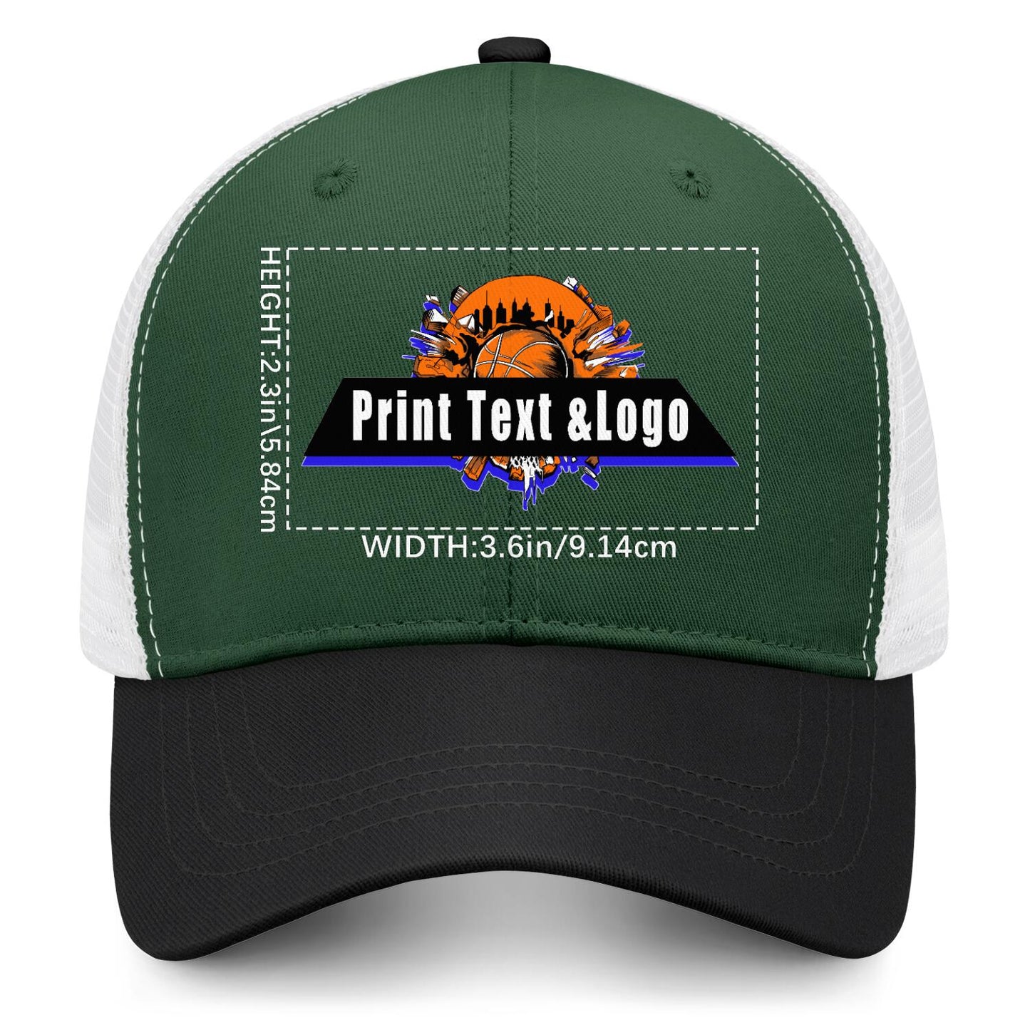 Custom Green Black Color-Block Snapback Cap with White Mesh Logo Printing Hats