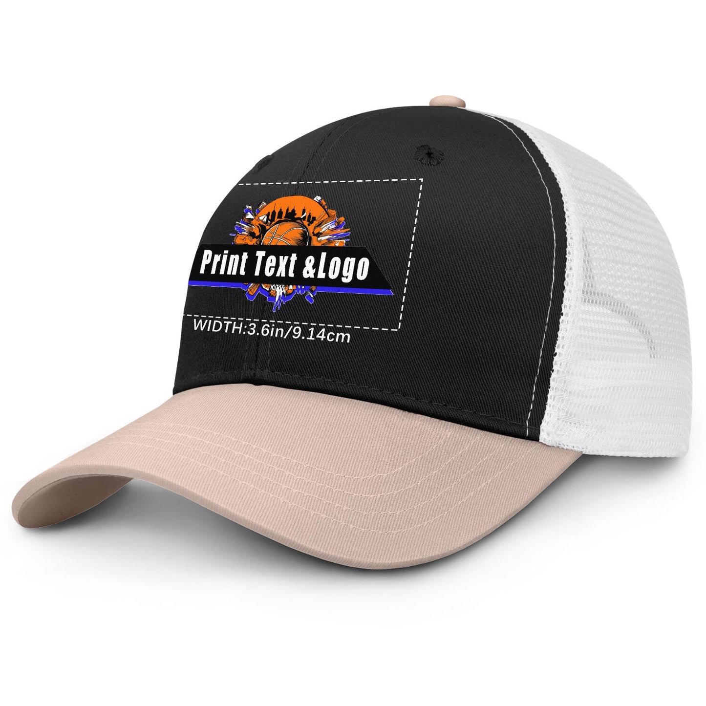 Custom Cameosa Black Color-Block Snapback Cap with White Mesh Logo Printing Hats