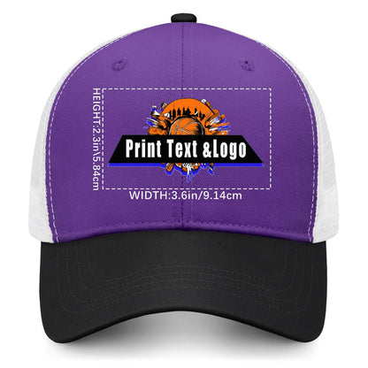 Custom Purple Black Color-Block Snapback Cap with White Mesh Logo Printing Hats
