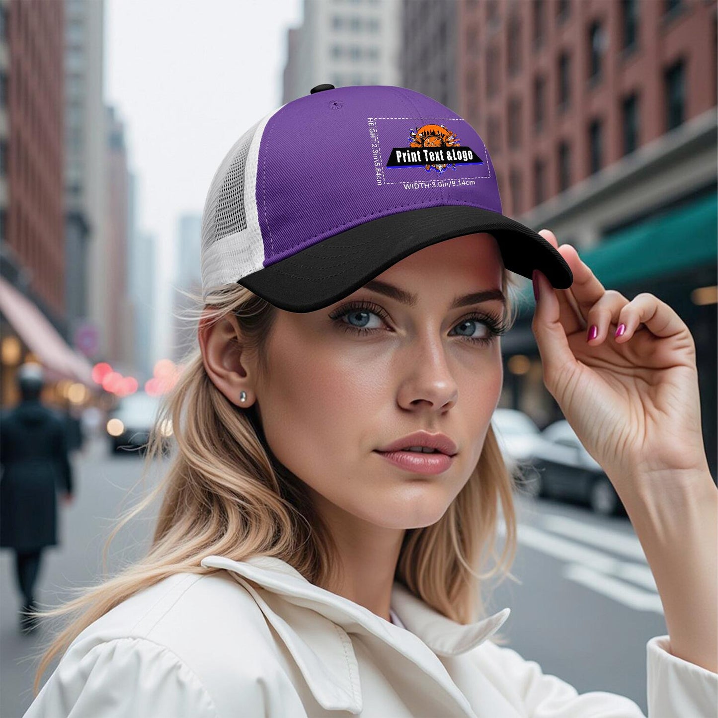 Custom Purple Black Color-Block Snapback Cap with White Mesh Logo Printing Hats