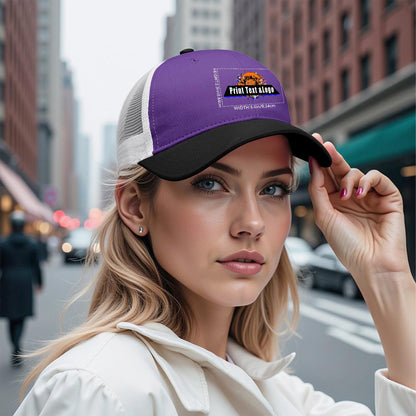 Custom Purple Black Color-Block Snapback Cap with White Mesh Logo Printing Hats