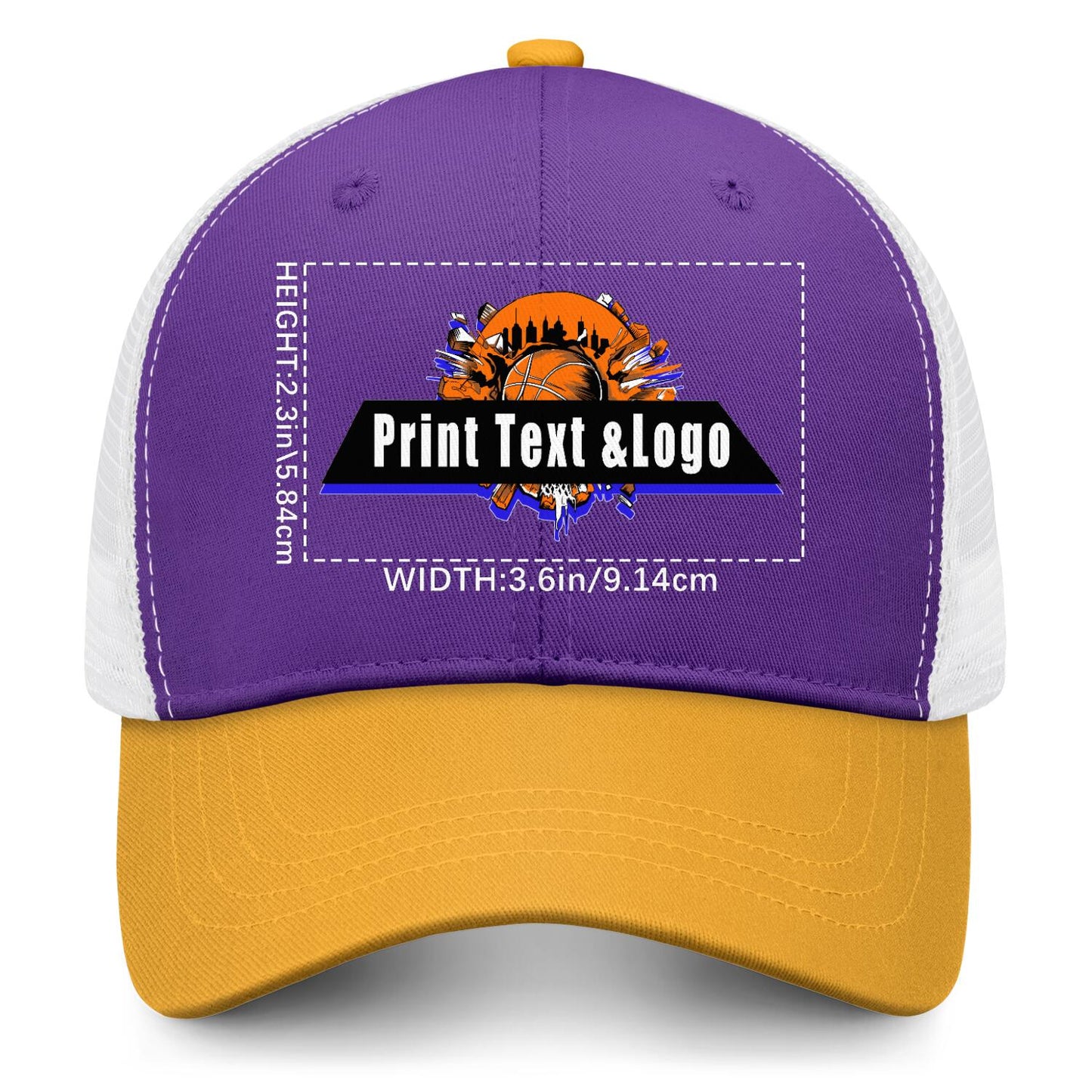 Custom Purple Yellow Color-Block Snapback Cap with White Mesh Logo Printing Hats