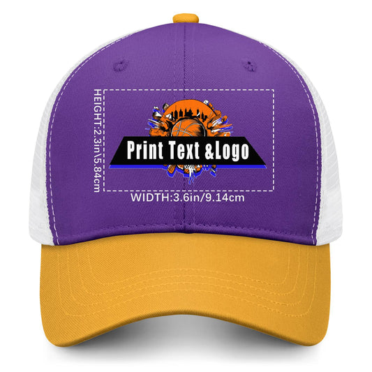 Custom Purple Yellow Color-Block Snapback Cap with White Mesh Logo Printing Hats