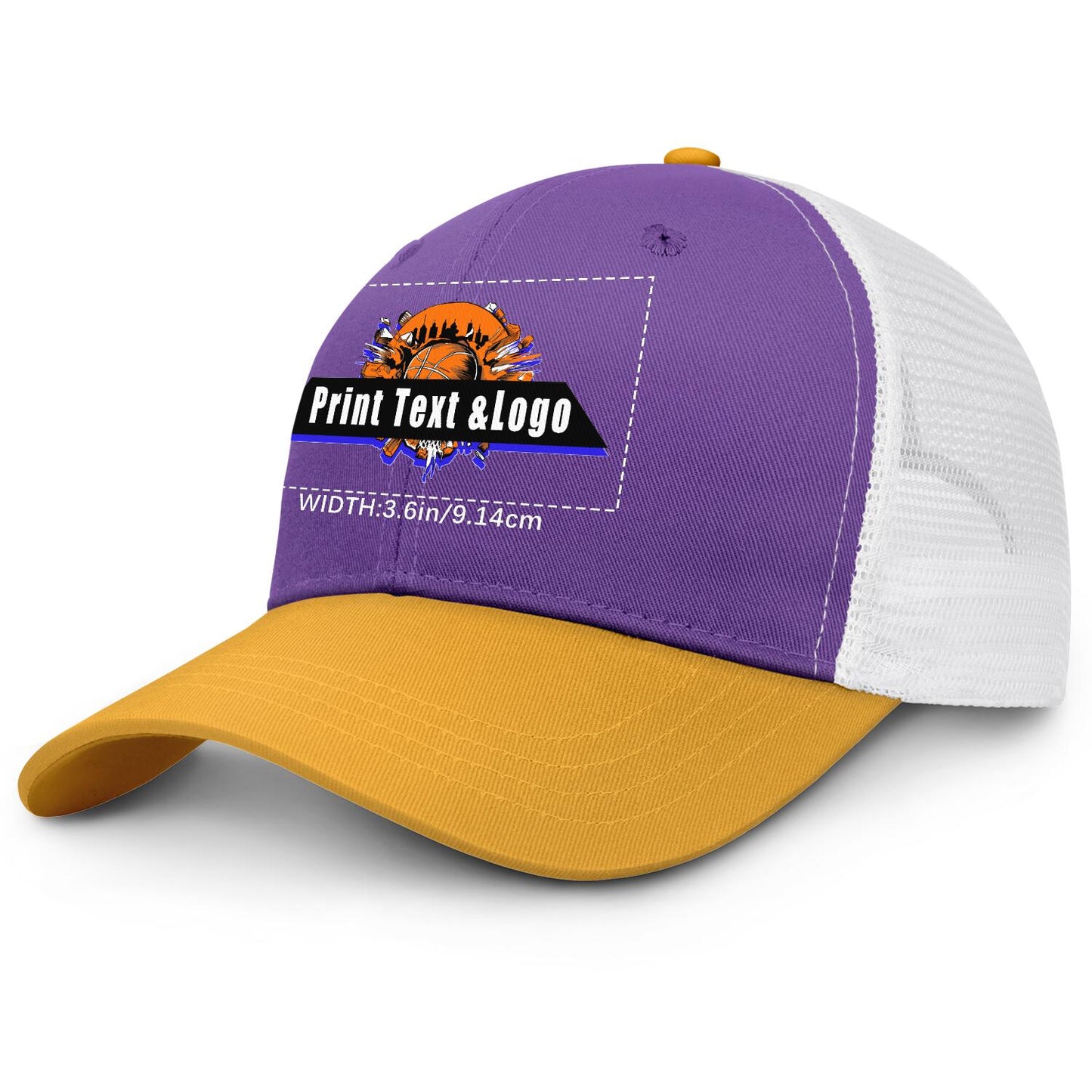 Custom Purple Yellow Color-Block Snapback Cap with White Mesh Logo Printing Hats