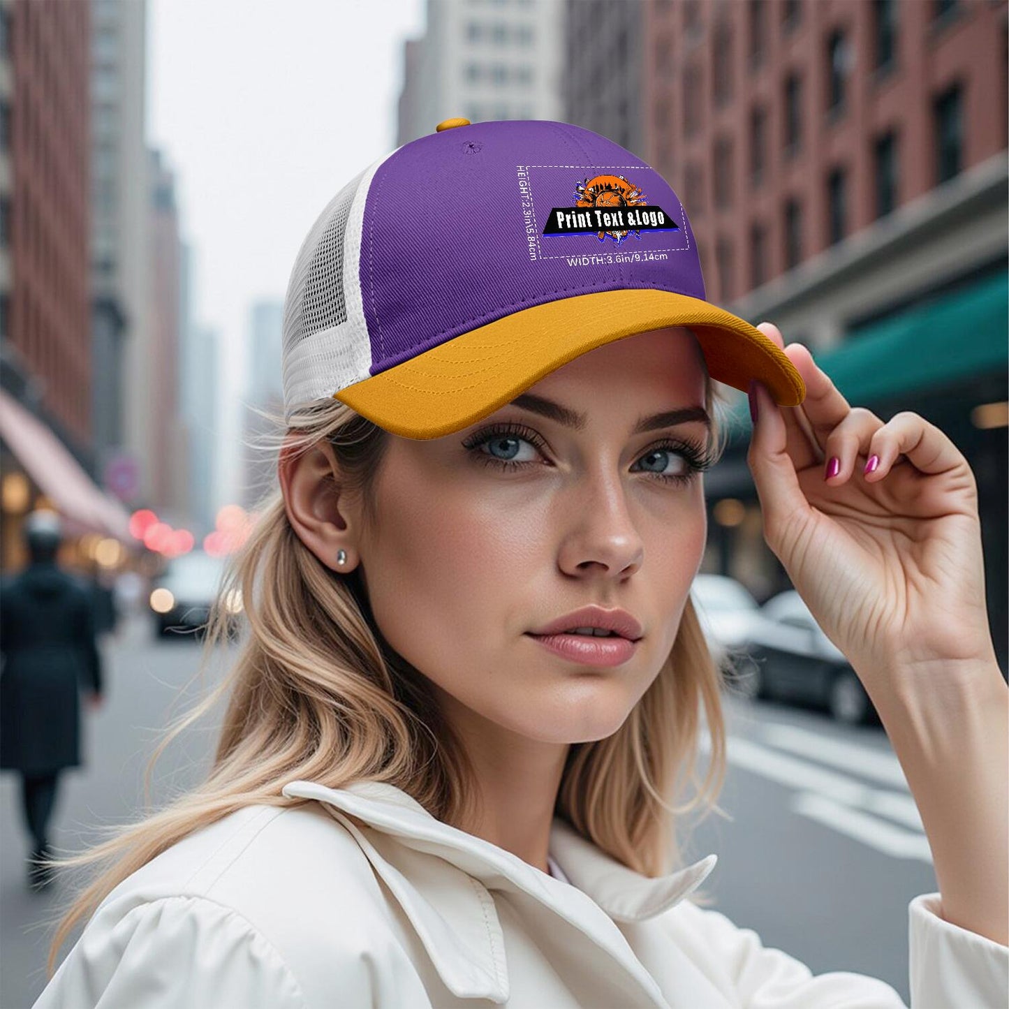 Custom Purple Yellow Color-Block Snapback Cap with White Mesh Logo Printing Hats
