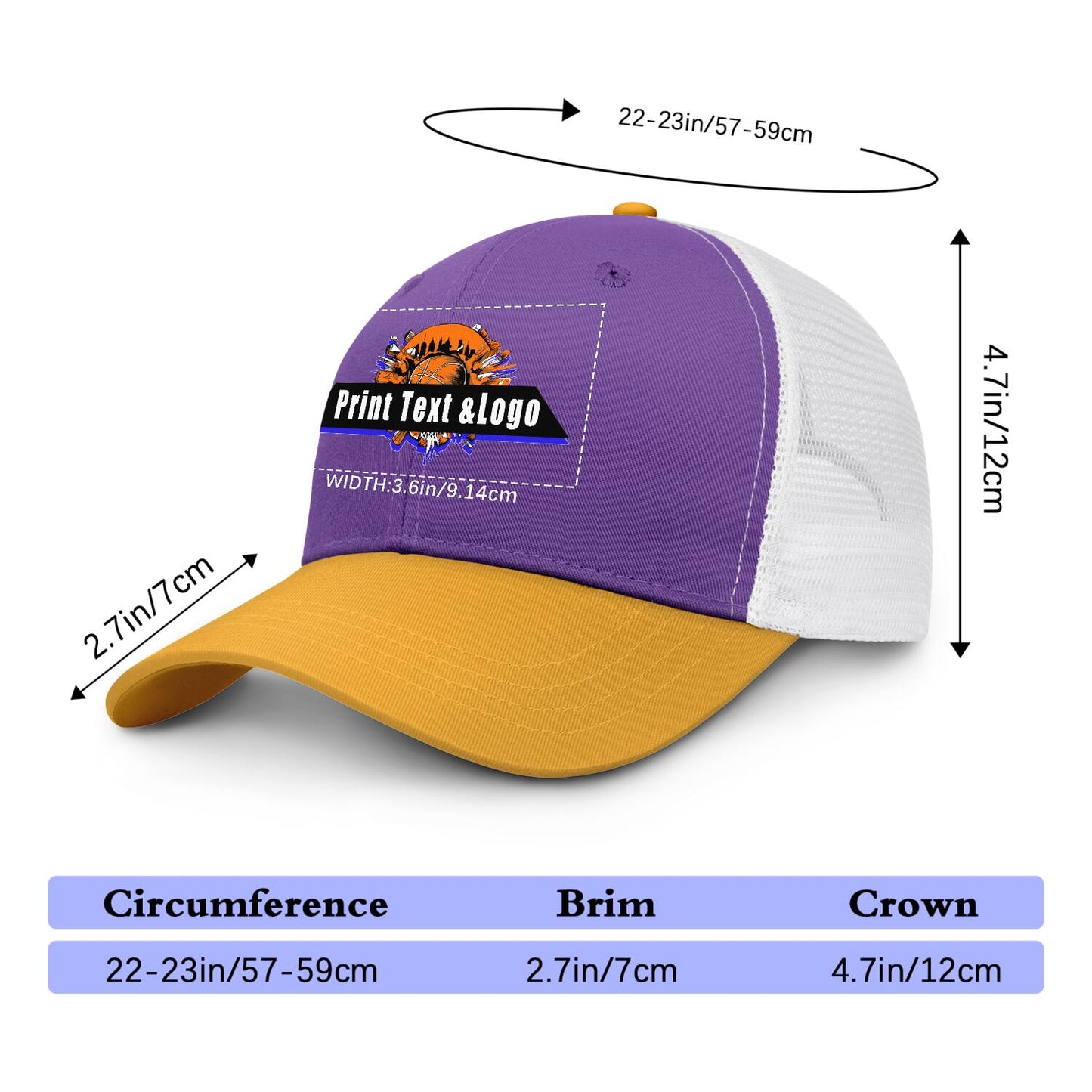 Custom Purple Yellow Color-Block Snapback Cap with White Mesh Logo Printing Hats