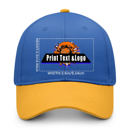 New Custom Blue Yellow Duckbill Cap Design Available with Heat Transfer Printing in Multiple Colors