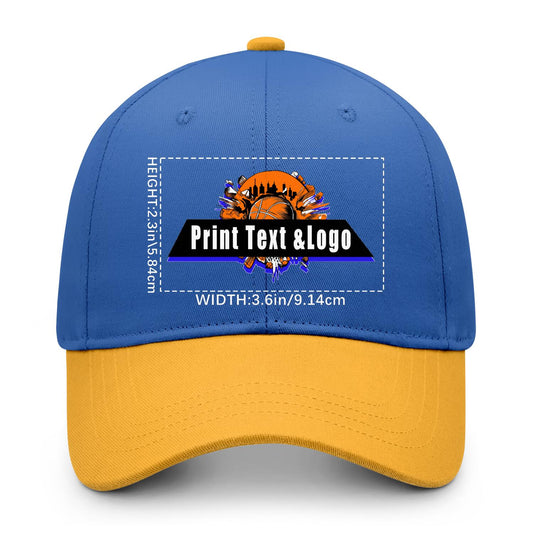 New Custom Blue Yellow Duckbill Cap Design Available with Heat Transfer Printing in Multiple Colors